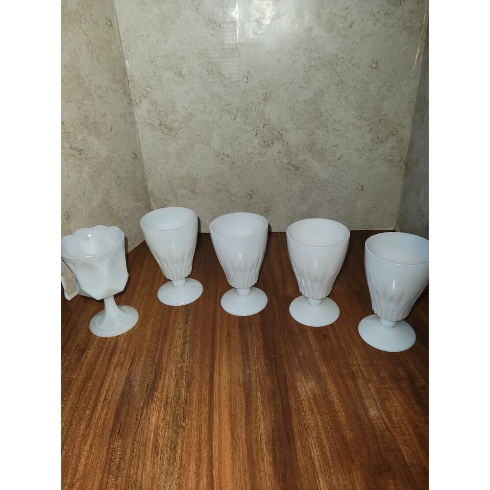 Lot Of 5 Vintage Milk glass Pedestal Cups Dishes Sundae Glass Wine Glass